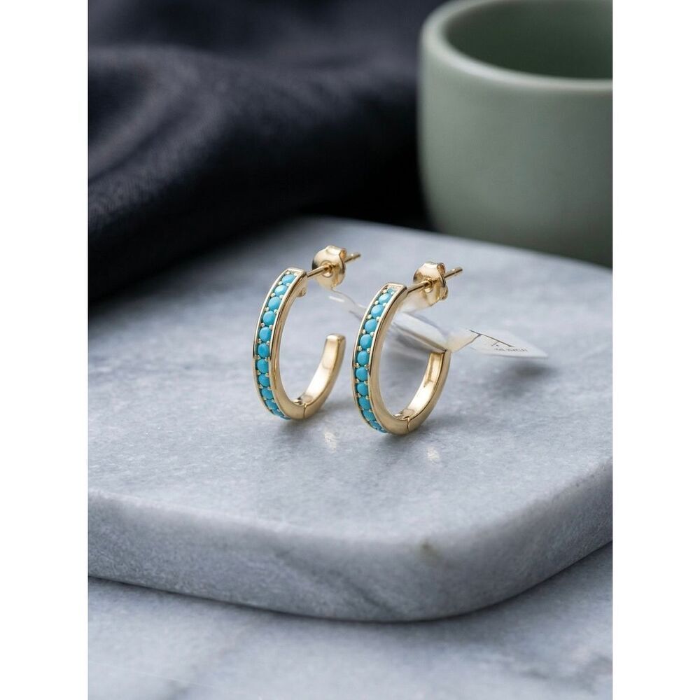 Gold Turquoise Dainty Hoop Earrings Round Blue Stone Inlay Fine Jewelry Western